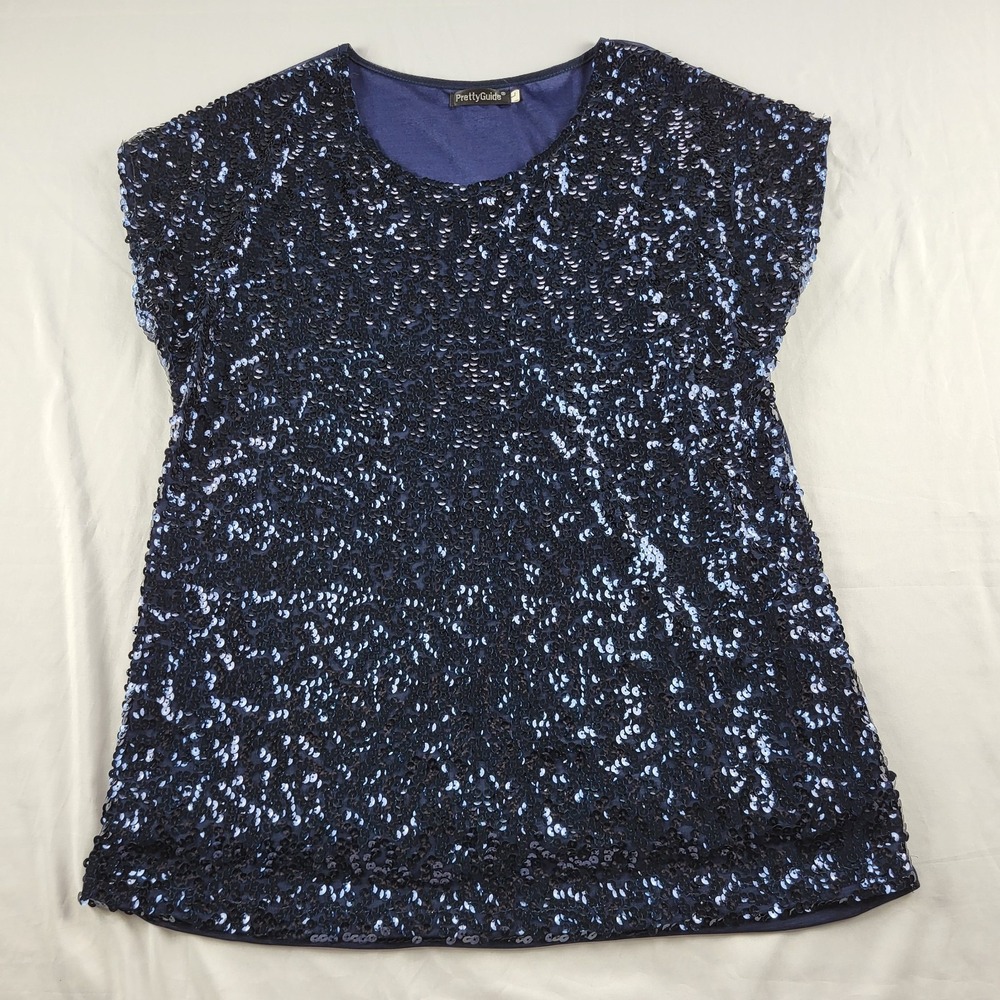 PrettyGuide Women's Sequin Top Shimmer Loose Bat Sleeve Tunic Tops Navy Large